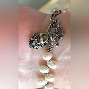 925 Pearl with black sapphire bootie charm bracelet 7 1/4”